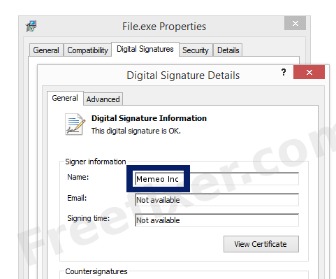 Screenshot of the Memeo Inc certificate